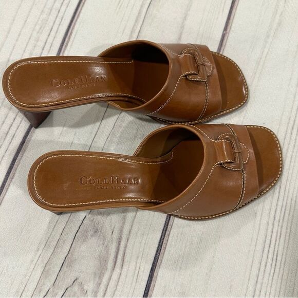 Cole Haan Country Carmel Brown Leather Peep Toe Slide 2 1/2" Block Heel Sz 6B - Picture 3 of 12